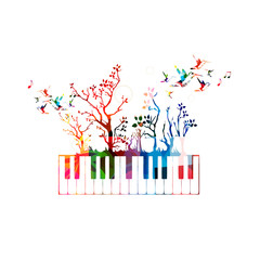  Colorful music background with piano keyboard and hummingbirds © abstract
