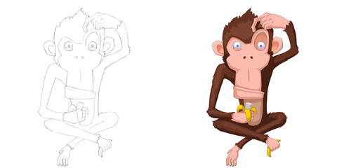 Creative Illustration and Innovative Art: Animal Set: Sketch Line Art and Coloring Book: Happy Monkey. Realistic Fantastic Cartoon Style Artwork Scene, Wallpaper, Story Background, Card Design
