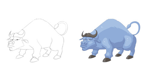 Creative Illustration and Innovative Art: Animal Set: Sketch Line Art and Coloring Book: Buffalo. Realistic Fantastic Cartoon Style Artwork Character Design, Wallpaper, Story Background, Card Design
