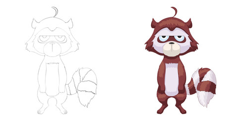 Fototapeta premium Creative Illustration and Innovative Art: Animal Set: Sketch Line Art and Coloring Book: Raccoon. Realistic Fantastic Cartoon Style Artwork Character Design, Wallpaper, Story Background, Card Design 