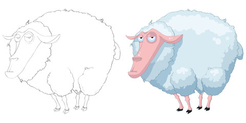 Creative Illustration and Innovative Art: Animal Set: Sketch Line Art and Coloring Book: Sheep. Realistic Fantastic Cartoon Style Artwork Scene, Wallpaper, Story Background, Card Design
