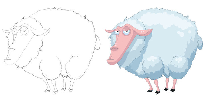 Creative Illustration and Innovative Art: Animal Set: Sketch Line Art and Coloring Book: Sheep. Realistic Fantastic Cartoon Style Artwork Scene, Wallpaper, Story Background, Card Design
