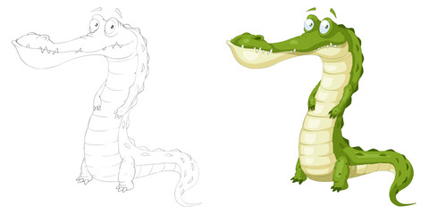 Naklejka premium Creative Illustration and Innovative Art: Animal Set: Sketch Line Art and Coloring Book: Green Crocodile. Realistic Fantastic Cartoon Style Character Design, Wallpaper, Story Background, Card Design