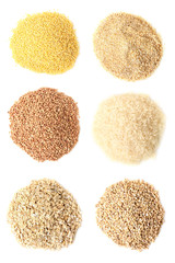 a collage of different cereals on a white isolated background