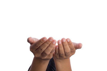 Woman hands begging over head on white background with clipping