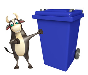 Bull cartoon character with dustbin