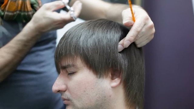 Male hairdresser cut hair with scissors and comb