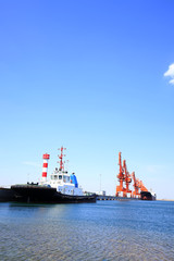 Fototapeta premium In freight terminal, gantry crane and cargo ships are in loading