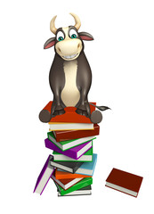 Bull cartoon character with book stack