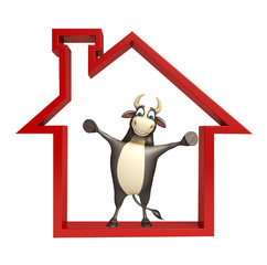 Bull cartoon character with home sign