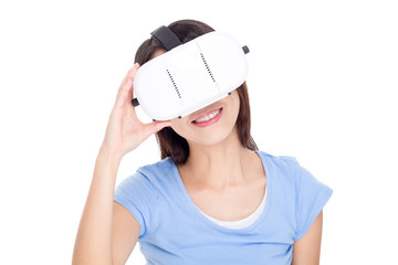 Asian woman wearing vr device
