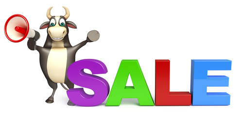 Bull cartoon character  with loudseaker and sale sign