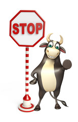 Bull cartoon character  with stop sign