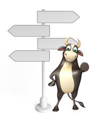 Bull cartoon character with way sign