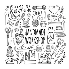The hand drawn elements to create a logo handmade workshop