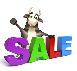 Bull cartoon character with big sale sign