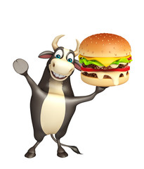 Bull cartoon character with burger