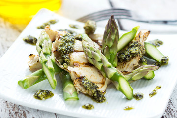 Grilled delicious baked chicken breast with asparagus and home pesto asparagus
homemade pesto asparagus
