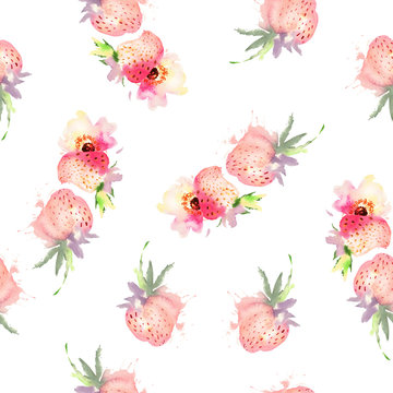 Strawberry flowers seamless pattern watercolor. Abstract graphic