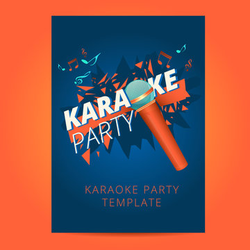 Karaoke party flyer with microphone and orange particles on a bl
