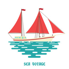 Sailing ship on a white background. Sailfish with red sail on th