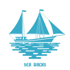 Blue sailing ship on a white background. Sailfish with red sail