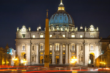 The Papal Basilica of Saint Peter in the Vatican (Basilica Papale di San Pietro in Vaticano). Night scene.