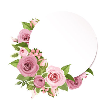 Vector circle background with pink roses and green leaves.