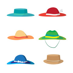 Set of different colored beach hats. Headgear to protect against