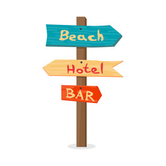 Wooden pointer to the beach, the hotel, in the bar. Summer signp