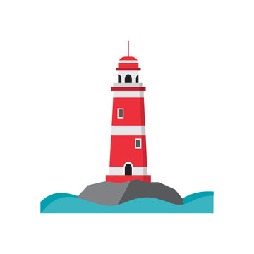 Sea lighthouse on a rocky island. Flat isolated vector illustrat