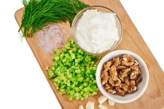 Products for traditional Greek tzatziki salad. 