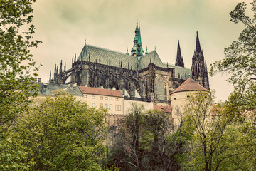 Prague Castle with St. Vitus Cathedral, Hradcany, Czech Republic. Vintage