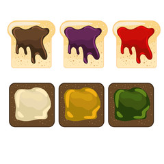 Wheat and rye slice of bread with addition of different toppings. Jam, butter, chocolate nut paste.