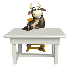 Bull cartoon character with table and chair