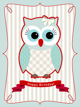 Cute owl, birthday card, illustration