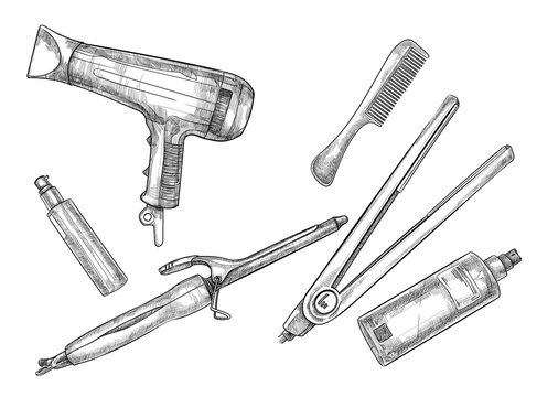 Hand-drawn vector illustration - Set of hairdresser tools (barbe