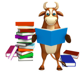 cute Bull cartoon character with book stack