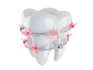 Tooth in barbed wire. Pain. 3d render
