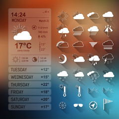 Set of weather icons and widget template on blurred background