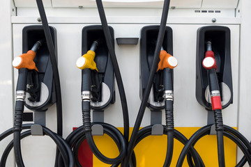 fuel pumps at a gas station.