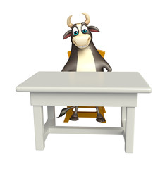 Bull cartoon character with table and chair