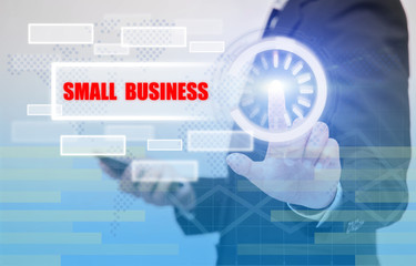 business woman touch small business text on visual screen, busin