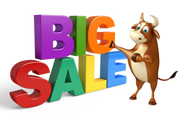Bull cartoon character with big sale sign