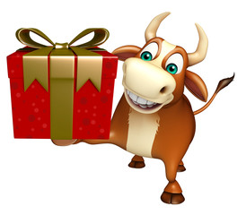 fun Bull cartoon character with Giftbox