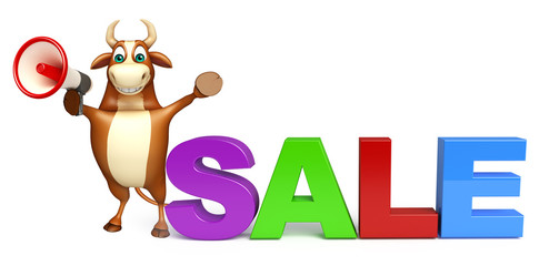 Bull cartoon character with loudseaker and sale sign