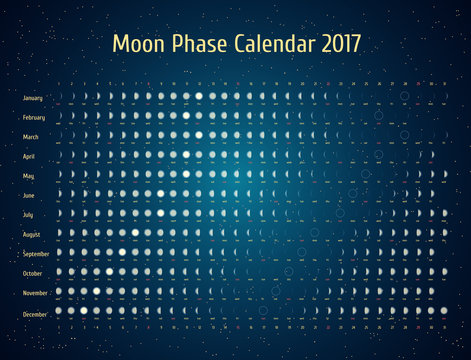 Vector astrological calendar for 2017. Moon phase calendar in the night starry sky. Creative lunar calendar ideas for your design