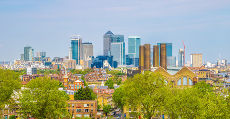 View of Canary Wharf from Greenwich hill in London