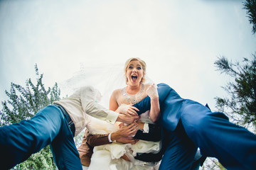 Happy bride in flight