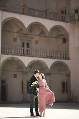 Obraz premium Beautiful couple, man, girl with long pink dress posing in old castle near columns. Krakow Vavel